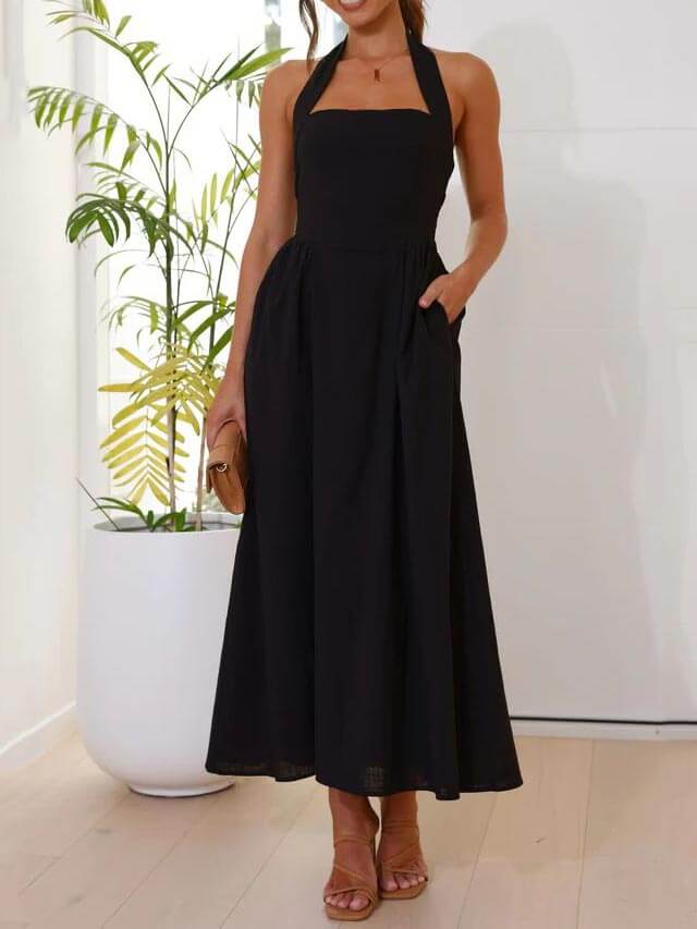 Lucille | Waist Little Black Halter Neck Mid Length Dress