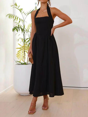Lucille | Waist Little Black Halter Neck Mid Length Dress