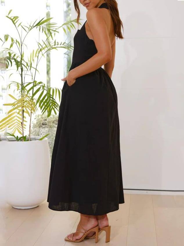 Lucille | Waist Little Black Halter Neck Mid Length Dress