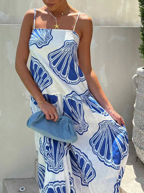 Gracelynn | Holiday Casual Ocean Shell Print Sling Maxi Dress