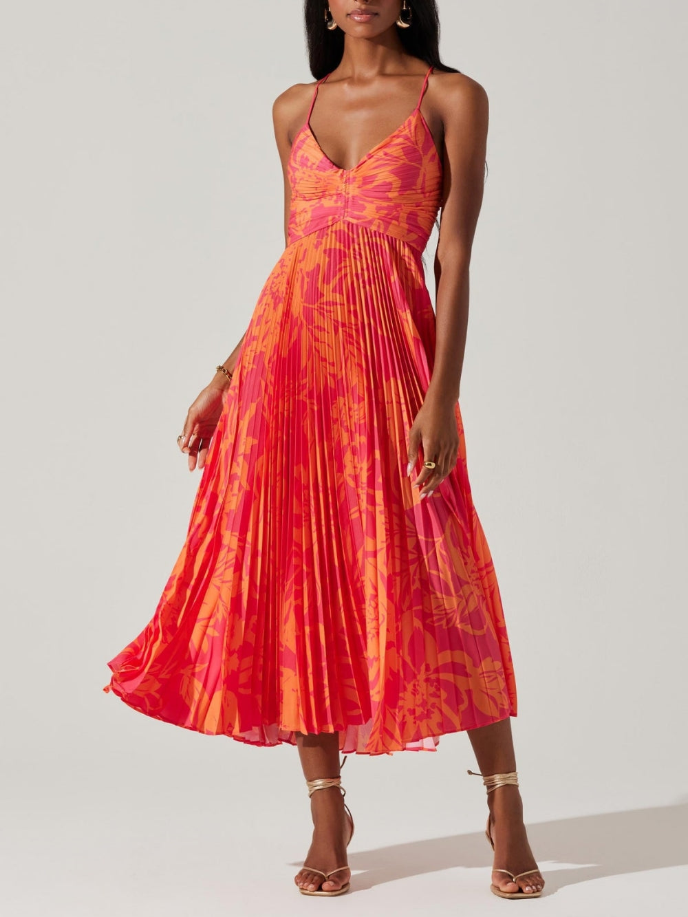 Andrea | Elegant Floral Print Pleats Midi Dress