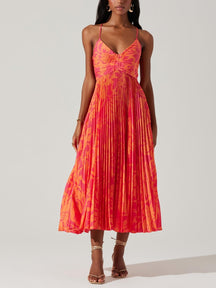Andrea | Elegant Floral Print Pleats Midi Dress