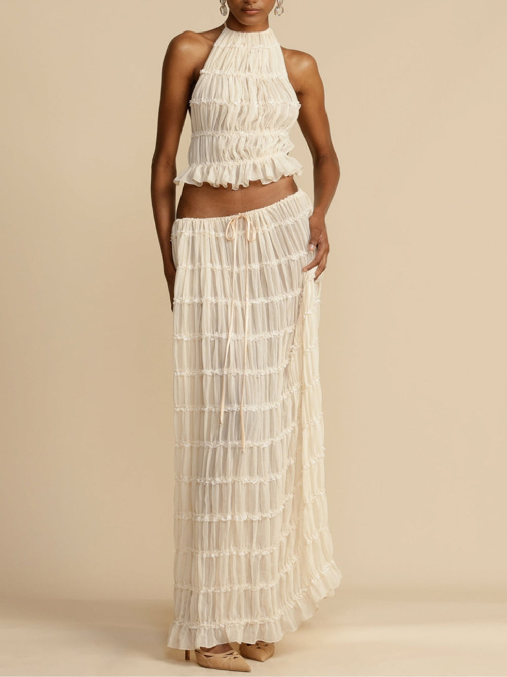 Sydney | Pleated Drawstring Charm Waist Tiered Maxi Skirt