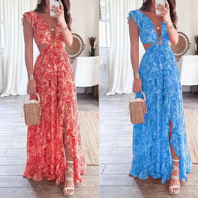 Elara | V-Neck Pleated Printed Dress