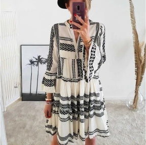 Lucienne | Geometric Print V-Neck Swing Dress