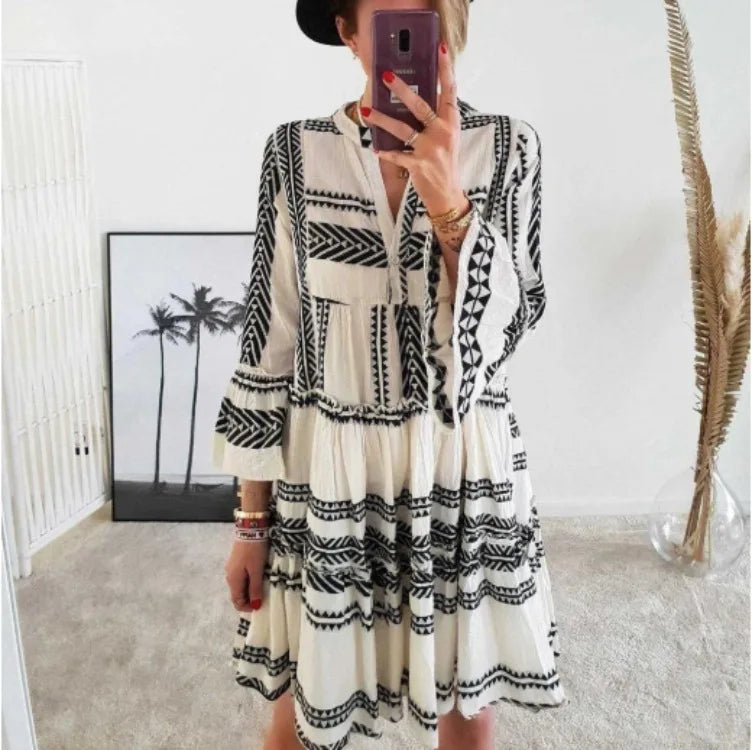 Lucienne | Geometric Print V-Neck Swing Dress