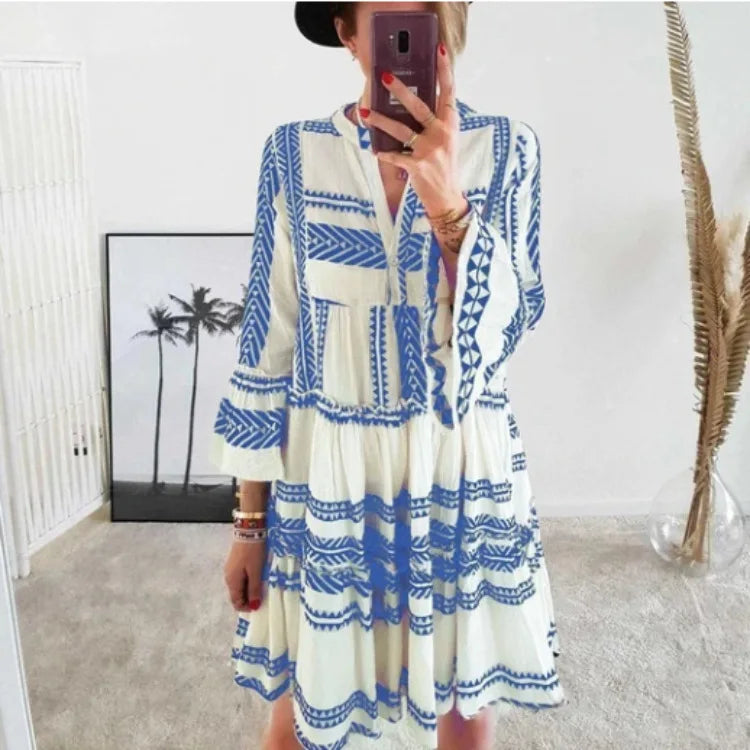 Lucienne | Geometric Print V-Neck Swing Dress