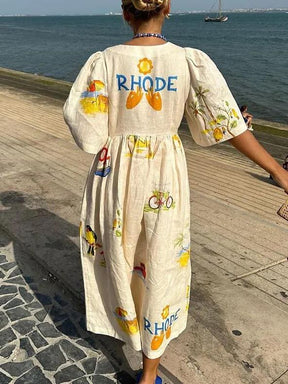 Laura | Folk Floral Print Unique Holiday Puff Sleeve Midi Dress