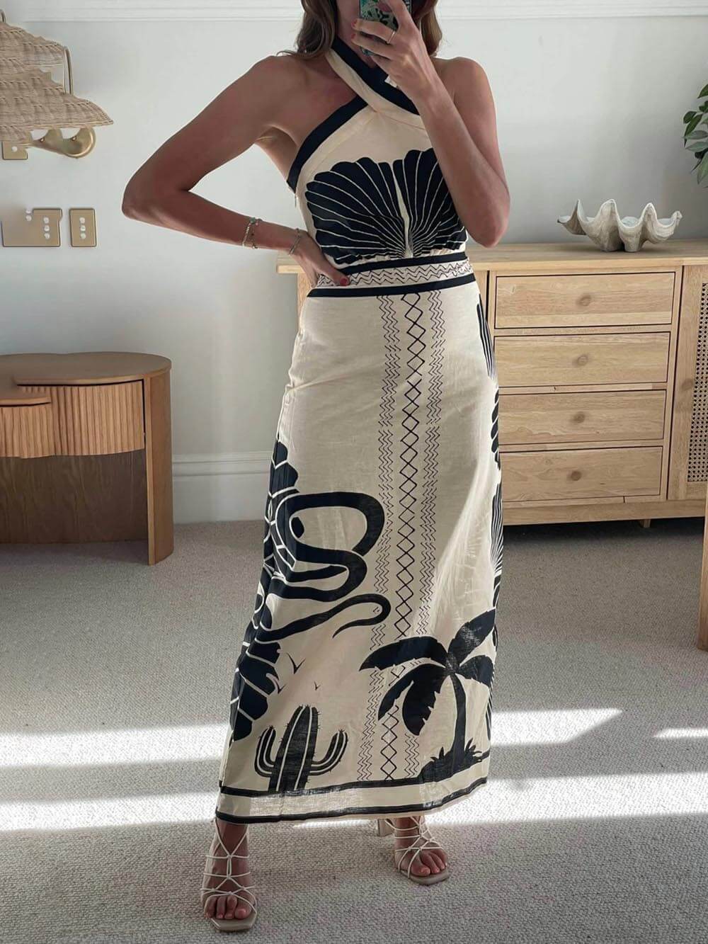 Daniela | Elegant and Sexy Ethnic Print Slim-Fit Halter Neck Maxi Dress