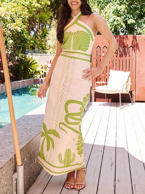 Daniela | Elegant and Sexy Ethnic Print Slim-Fit Halter Neck Maxi Dress