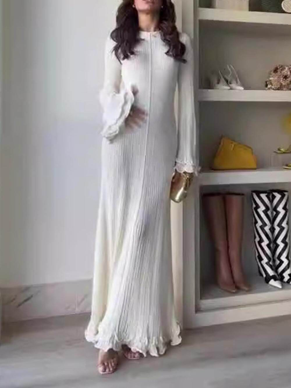 Hannah | Elegant Trumpet Sleeves Rolled Hem Knitted Round Neck Maxi Dress