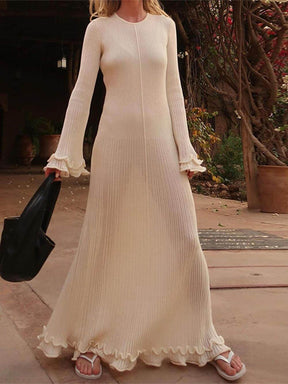 Hannah | Elegant Trumpet Sleeves Rolled Hem Knitted Round Neck Maxi Dress
