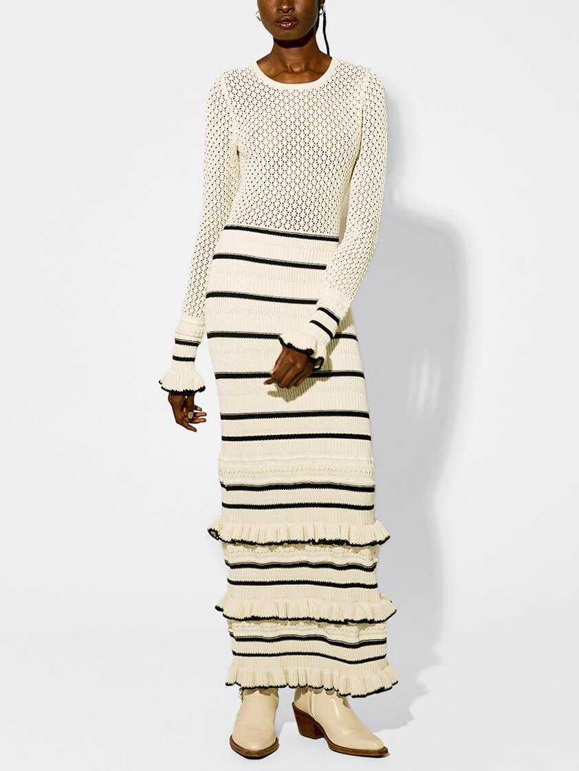Angela | Knit Stripe Ruffle Long Sleeve Maxi Dress