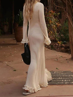 Hannah | Elegant Trumpet Sleeves Rolled Hem Knitted Round Neck Maxi Dress