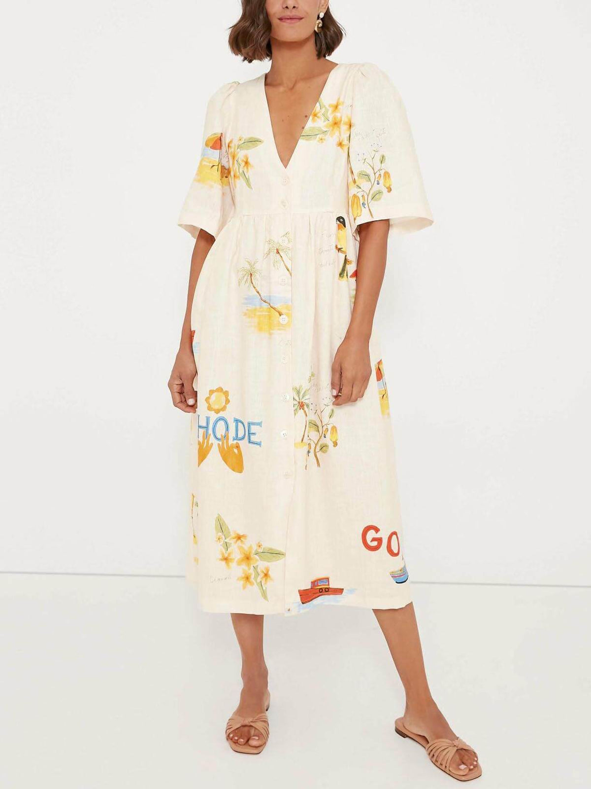 Laura | Folk Floral Print Unique Holiday Puff Sleeve Midi Dress