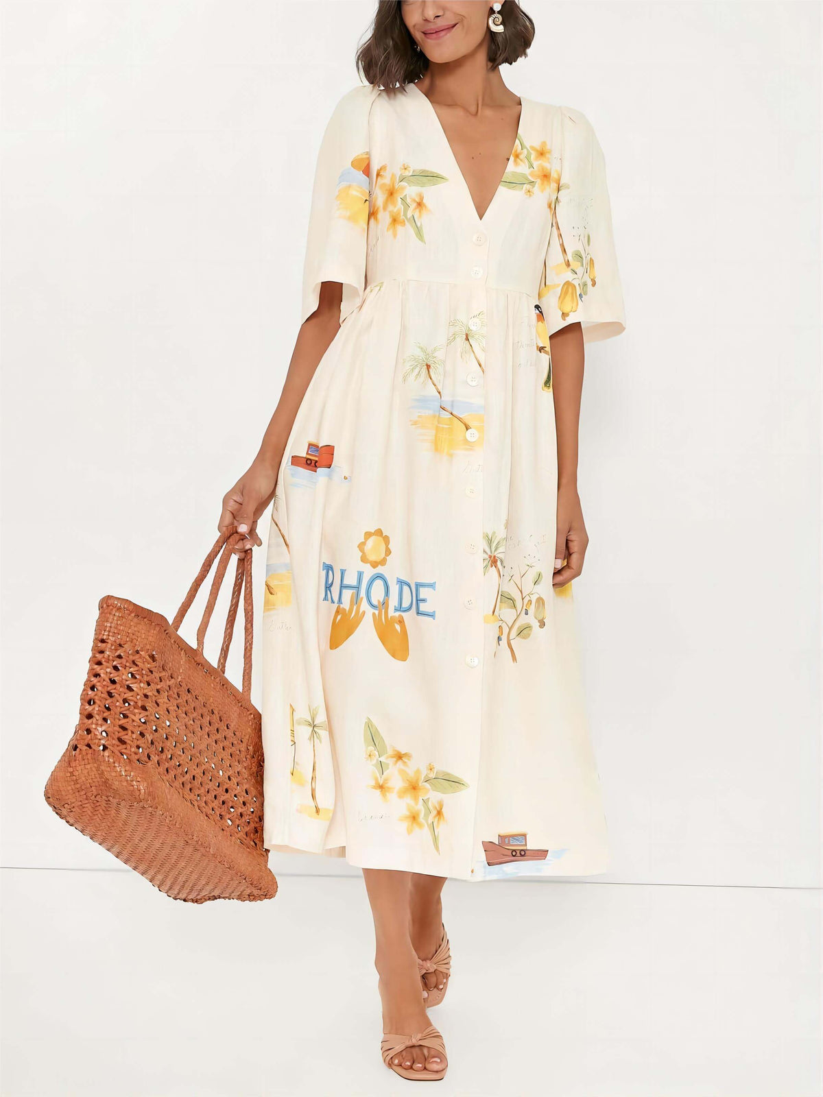 Laura | Folk Floral Print Unique Holiday Puff Sleeve Midi Dress